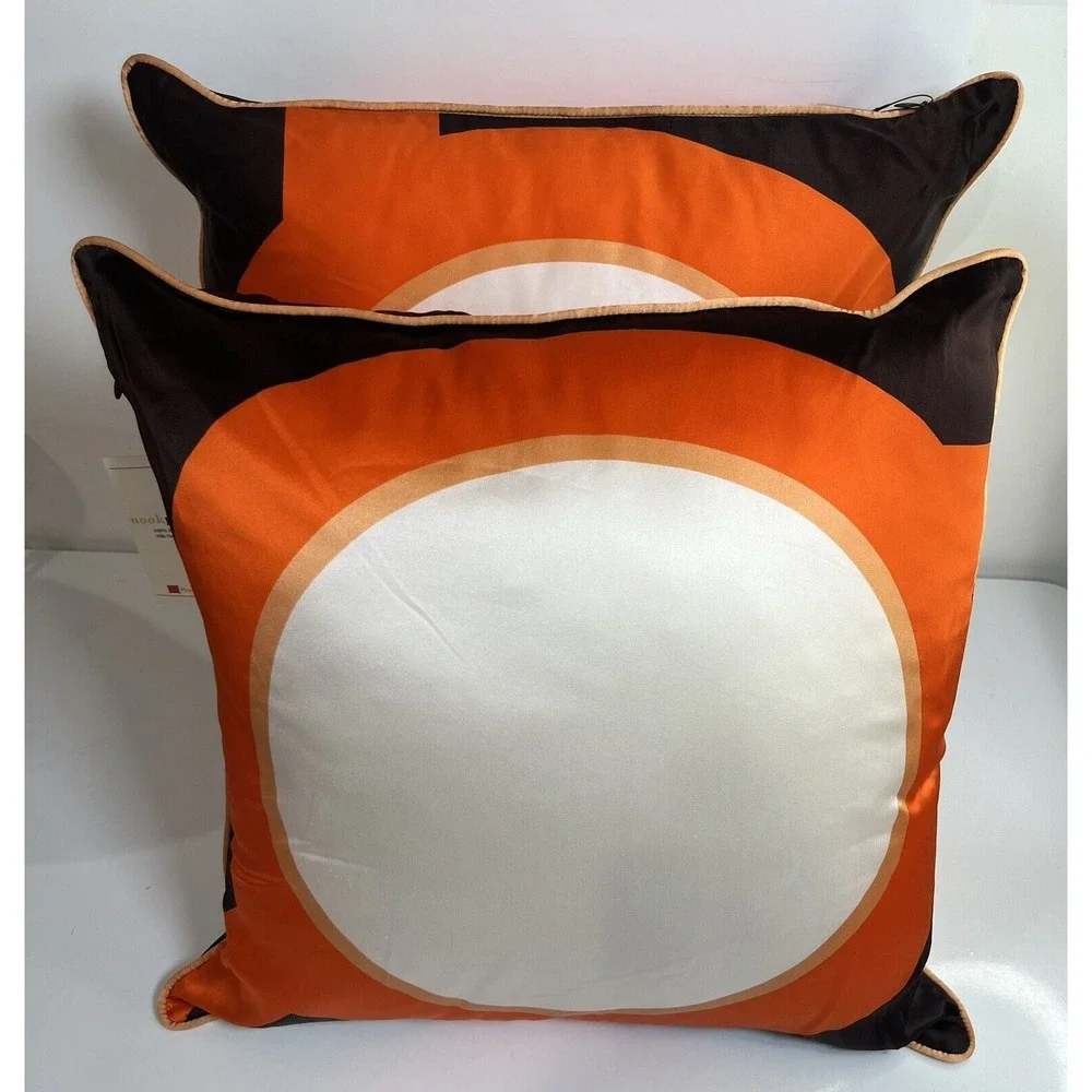 NEW Set Plush Living‎ Pillows 100% Silk Satin Orange Brown Geo Print Cozy MCM